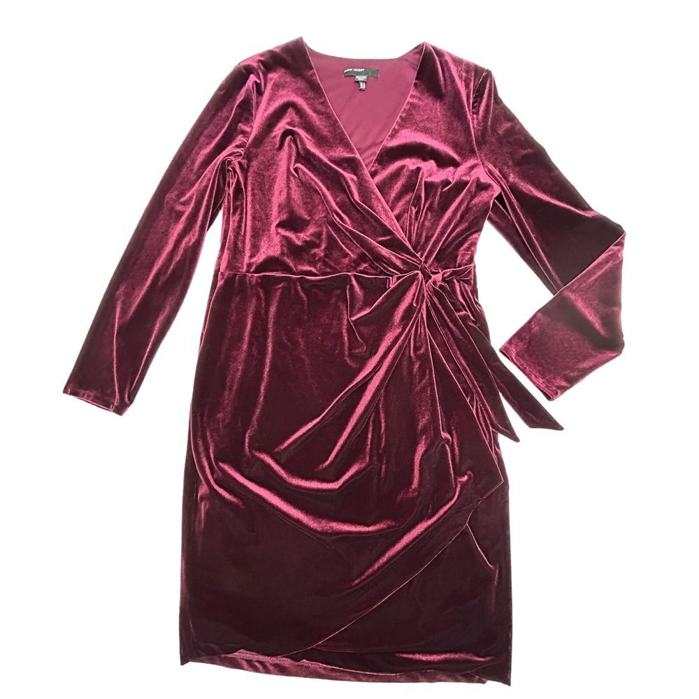 Maggy London Faux Wrap Dress Womens 16 Velour V Neck Long Sleeve Burgundy V-day